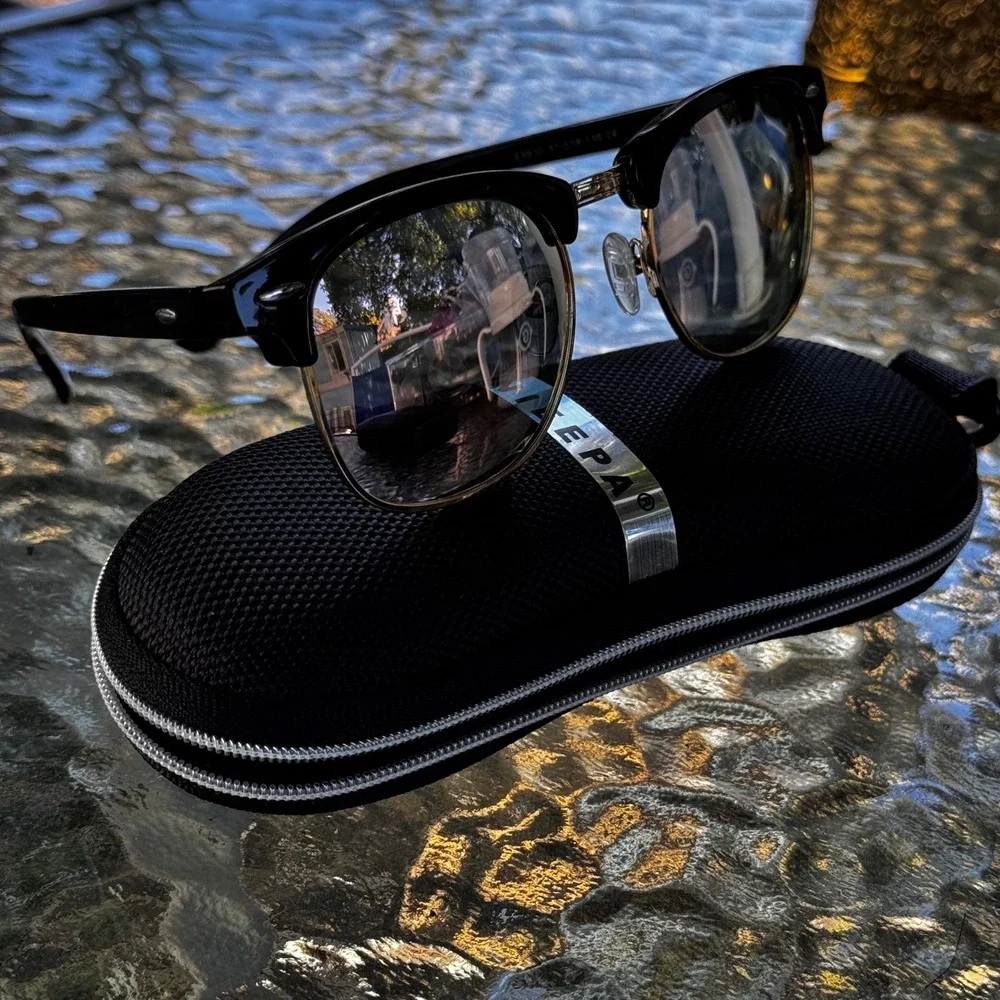 NIEEPA Clubmaster Style Reflective Sunglasses Black Gold Lenses Vintage Inspired